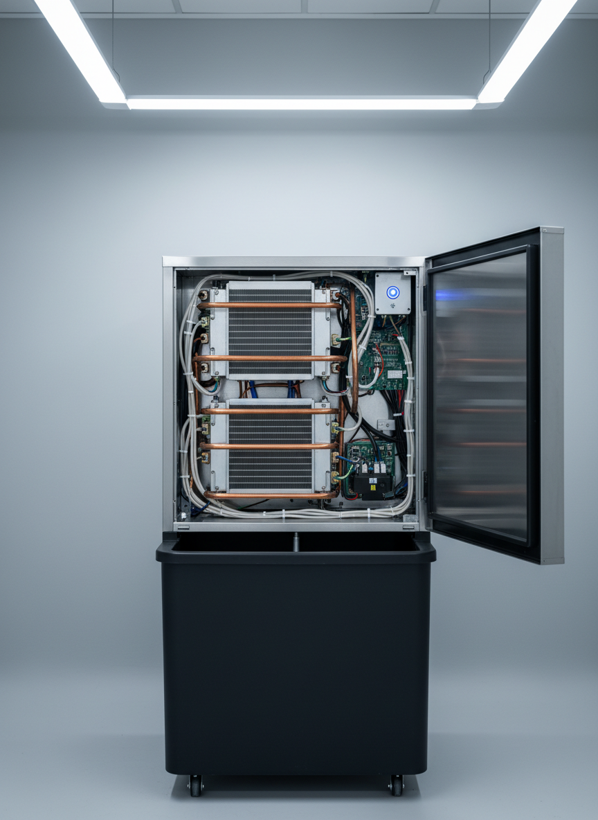 A high-performance commercial ice machine with a stainless steel body and black plastic bin, positioned against a clean, light-gray utility room wall. The front panel is open to reveal neatly arranged internal components: copper tubing, condenser coils, and wiring harnesses, all immaculately maintained. A small, blue diagnostic light glows steadily on the control board. Overhead LED shop lighting creates bright, even illumination with gentle shadows under the unit and subtle highlights along the coil surfaces. Shot from a slightly elevated angle with tight, centered framing, the composition feels technical and precise. The atmosphere is professional and trustworthy, rendered in realistic photographic detail to emphasize expert repair, maintenance, and refrigeration knowledge.