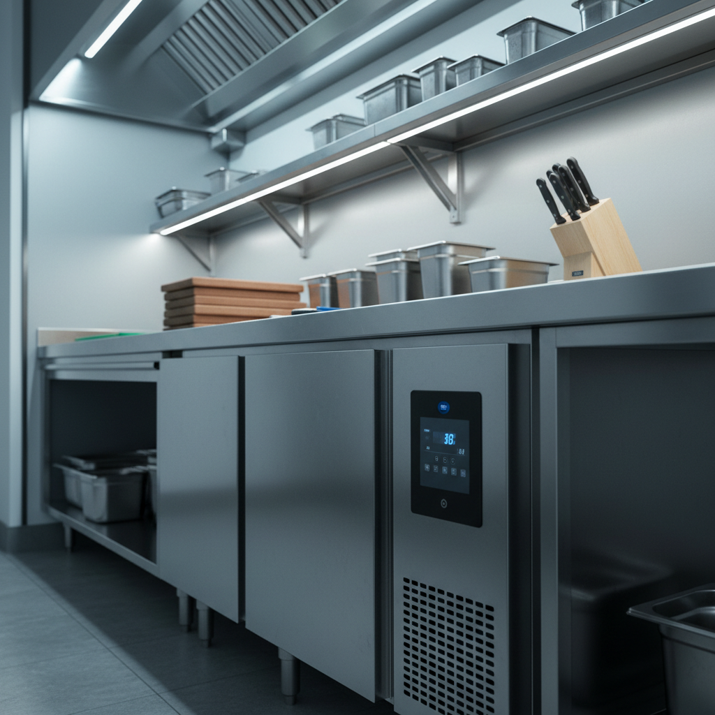 A compact self-contained refrigeration unit installed under a spotless stainless steel prep counter in a commercial kitchen, its vented front grille and clean digital thermostat panel clearly visible. The counter above is neatly organized with empty cutting boards and metal containers, emphasizing a ready-for-service environment without food focus. Overhead fluorescent and under-cabinet LED lighting combine to create even, cool illumination, highlighting the smooth metal textures and subtle reflections on the unit’s surface. Captured from a low, three-quarter angle, the shot emphasizes the unit’s integration into the workspace. The mood is efficient, orderly, and technical, with a clean, modern photographic style that underscores professional installation and service expertise.