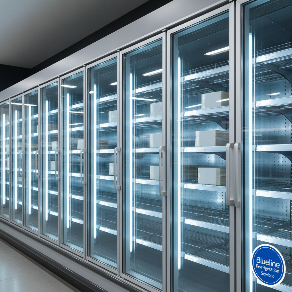 A well-maintained row of glass-door reach-in refrigeration units in a grocery or convenience store setting, each door framed in brushed aluminum with clear, condensation-free glass. Inside, adjustable metal shelves are neatly arranged, some empty and some holding generic, unlabeled product shapes to avoid branding. Overhead LED lighting evenly illuminates the interior, while a cool, diffused store light reflects softly on the glass doors. A blue service sticker with a subtle Blueline Refrigeration reference sits in the corner of one frame. Shot from a slightly angled eye-level view using the rule of thirds, the composition feels modern, efficient, and professional, rendered in crisp photographic realism to highlight reliability and commercial-grade service.