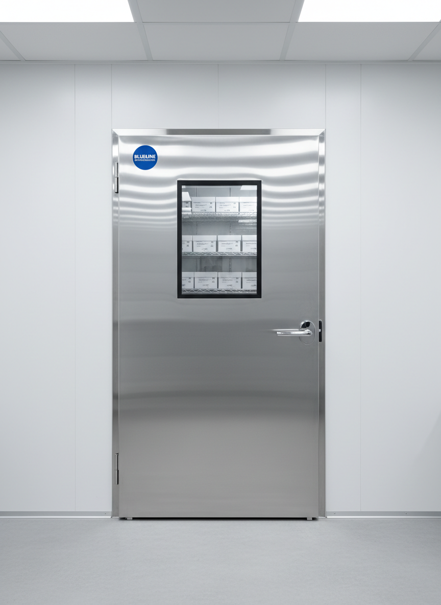 A spotless stainless steel commercial walk-in cooler door with a heavy-duty handle and bright blue Blueline Refrigeration logo neatly applied near eye level. The door is set into a pristine white insulated panel wall in a modern commercial kitchen, with orderly rows of metal shelving and neatly stacked labeled boxes visible through the small glass inspection window. Cool, bright LED ceiling lights create crisp reflections on the brushed metal surface and subtle shadows along the floor. Photographed at eye level with sharp focus and a clean, wide composition, the image has a professional, photographic realism that communicates reliability, cold storage performance, and meticulous commercial service.