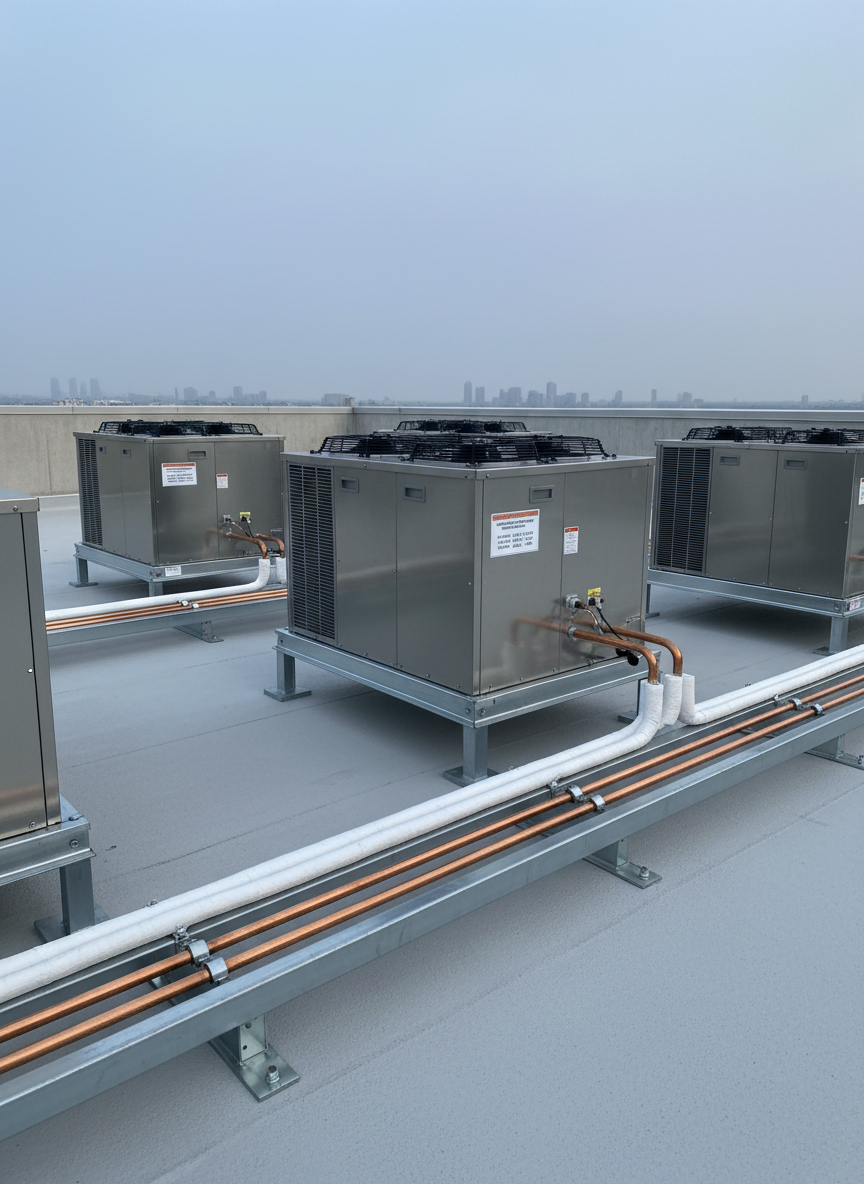 A clean, organized rooftop installation featuring multiple commercial refrigeration condensing units mounted on raised metal frames. Thick insulated refrigerant lines run in orderly parallel paths, secured with metal brackets, and a clear service tag displaying recent maintenance dates is attached to one unit. The rooftop surface is light gray and free of debris, with a low parapet wall in the background. Soft, late-afternoon overcast light provides even, shadow-minimized illumination, reducing glare on the metal housings and allowing clear visibility of labels and connections. Photographed from a slightly elevated corner perspective with wide framing, the mood is calm, professional, and highly competent, with photographic realism highlighting quality installation work by a commercial refrigeration service company.