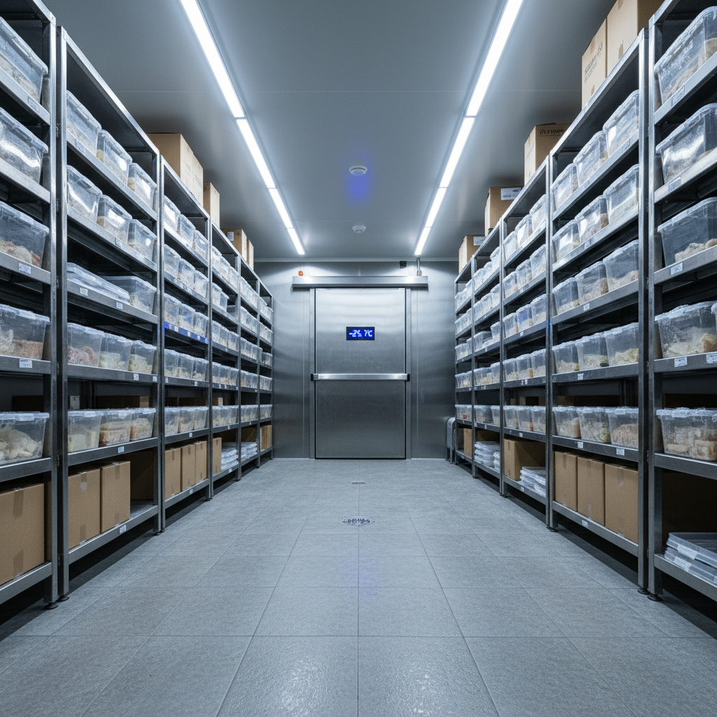 Inside a large commercial walk-in freezer, gleaming aluminum shelving lines both sides, filled with neatly organized, frost-dusted boxes and sealed containers. The textured insulated floor leads straight back to a closed, perfectly sealed door with a bright digital temperature display glowing a crisp blue, showing sub-zero readings. Cool white LED strip lighting runs along the ceiling, casting even illumination and faint, icy reflections on the metal surfaces. Captured from a slightly low, centered perspective, the composition emphasizes depth and order, with sharp focus from foreground to background. The mood is ultra-clean, controlled, and professional, in a realistic photographic style that showcases optimal freezer performance and expert maintenance.